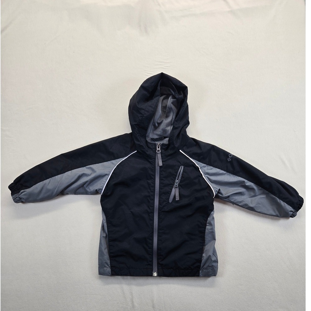 Columbia Windbreaker Boys 3T Black Grey Reflective Hooded Mesh Lined Jacket